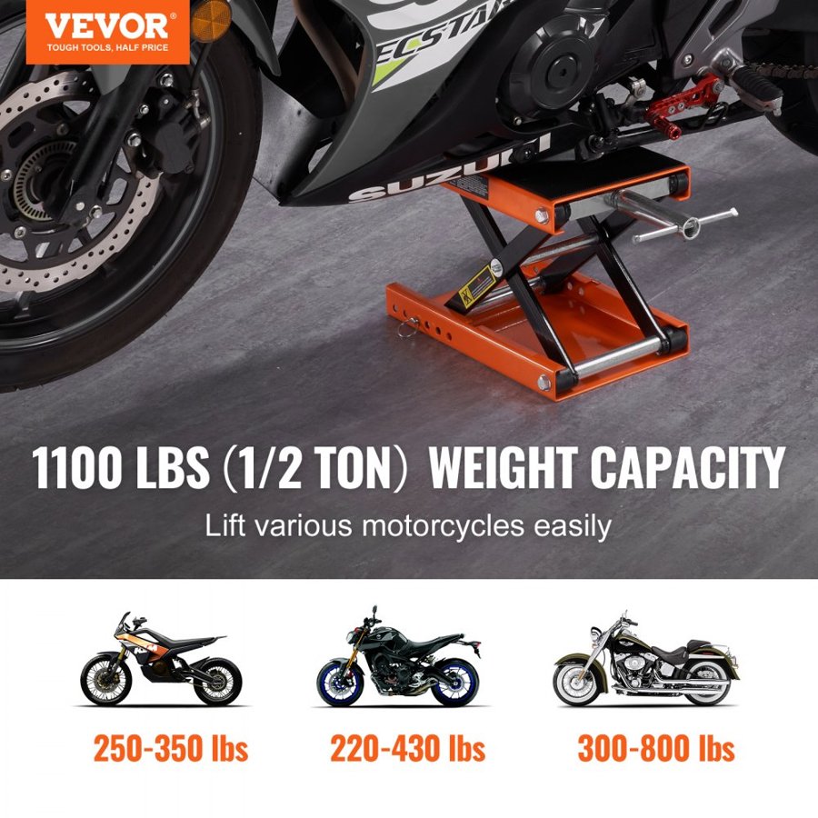 VEVOR Motorcycle Scissor Jack Lift 499.5 kg Wide Deck Hoist Stand for ATVs Bike
