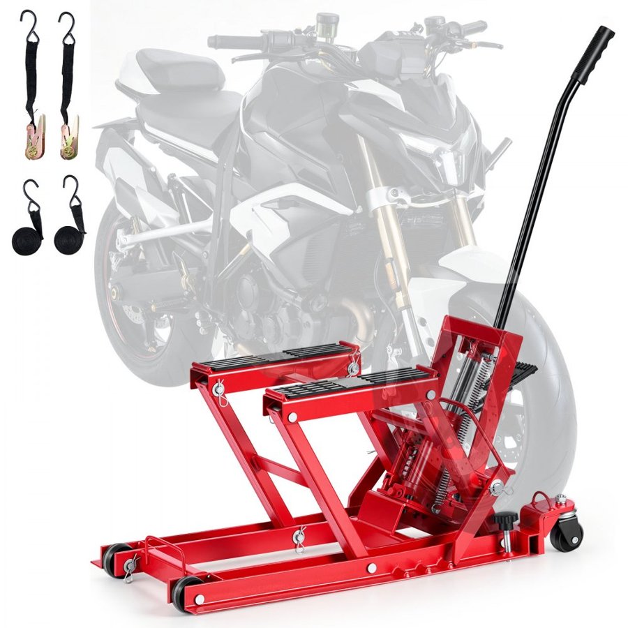 VEVOR Hydraulic Motorcycle Lift Jack, 680 kg Capacity, ATV Lift Jack Portable Motorcycle Hoist Stand with 4 Wheels, 115-385 mm Height Range, Hydraulic Foot-Operated Hoist Stand for ATVs, Dirt Bikes