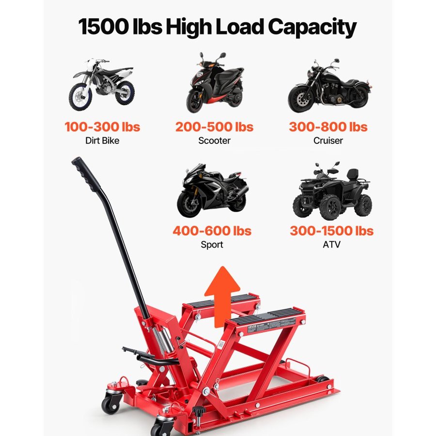 VEVOR Hydraulic Motorcycle Lift Jack, 680 kg Capacity, ATV Lift Jack Portable Motorcycle Hoist Stand with 4 Wheels, 115-385 mm Height Range, Hydraulic Foot-Operated Hoist Stand for ATVs, Dirt Bikes