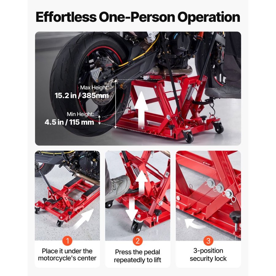 VEVOR Hydraulic Motorcycle Lift Jack, 680 kg Capacity, ATV Lift Jack Portable Motorcycle Hoist Stand with 4 Wheels, 115-385 mm Height Range, Hydraulic Foot-Operated Hoist Stand for ATVs, Dirt Bikes