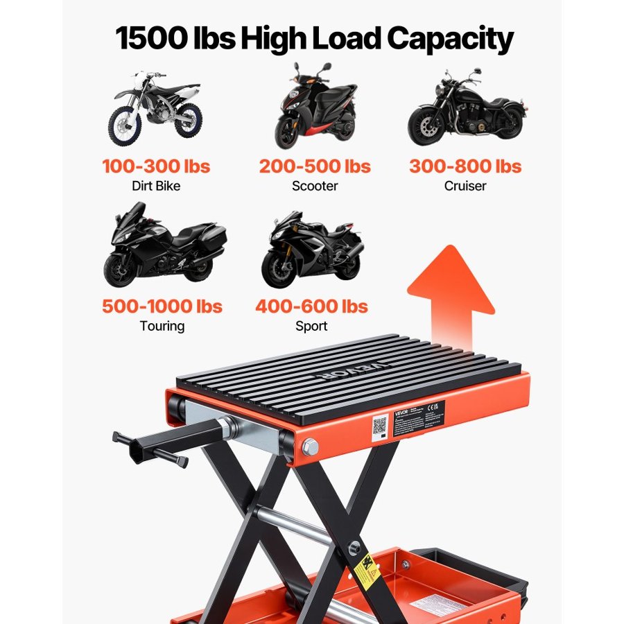 VEVOR Motorcycle Lift, 680 kg Motorcycle Scissor Lift Jack with Wide Deck & Locking Pin, 105-350 mm Center Hoist Crank Stand, Steel Scissor Jack for Street Bikes, Cruiser Bikes, Touring Motorcycles