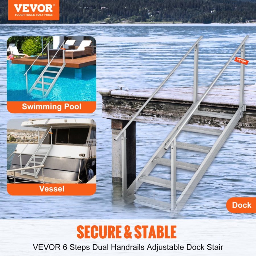 VEVOR Aluminum Dock Ladder Boat Dock Ladder 43-51in/109.2-129.5 cm Height Adjustable 6 Steps