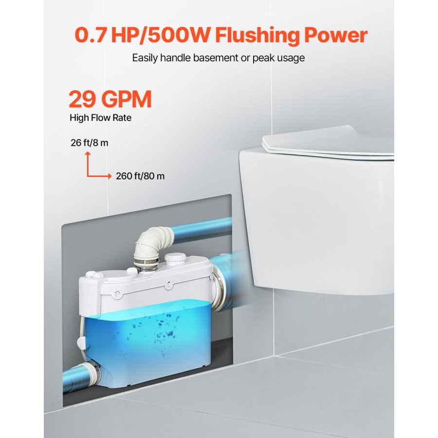 VEVOR Macerating Toilet Pump – 500W, 6600 L/h, 26.2 ft