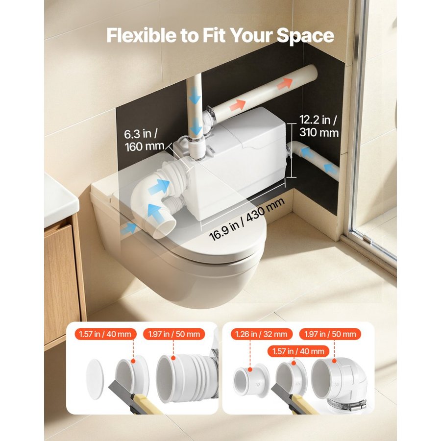 VEVOR Macerator Pump 800W 12000L/h Flow 32.8 ft/10 m Head Side Toilet Inlet, Macerating Sewage Pump with 4 Inlets, Waste Water Disposal Upflush Machine, for Basement, Toilet, Sink, Laundry, Kitchen