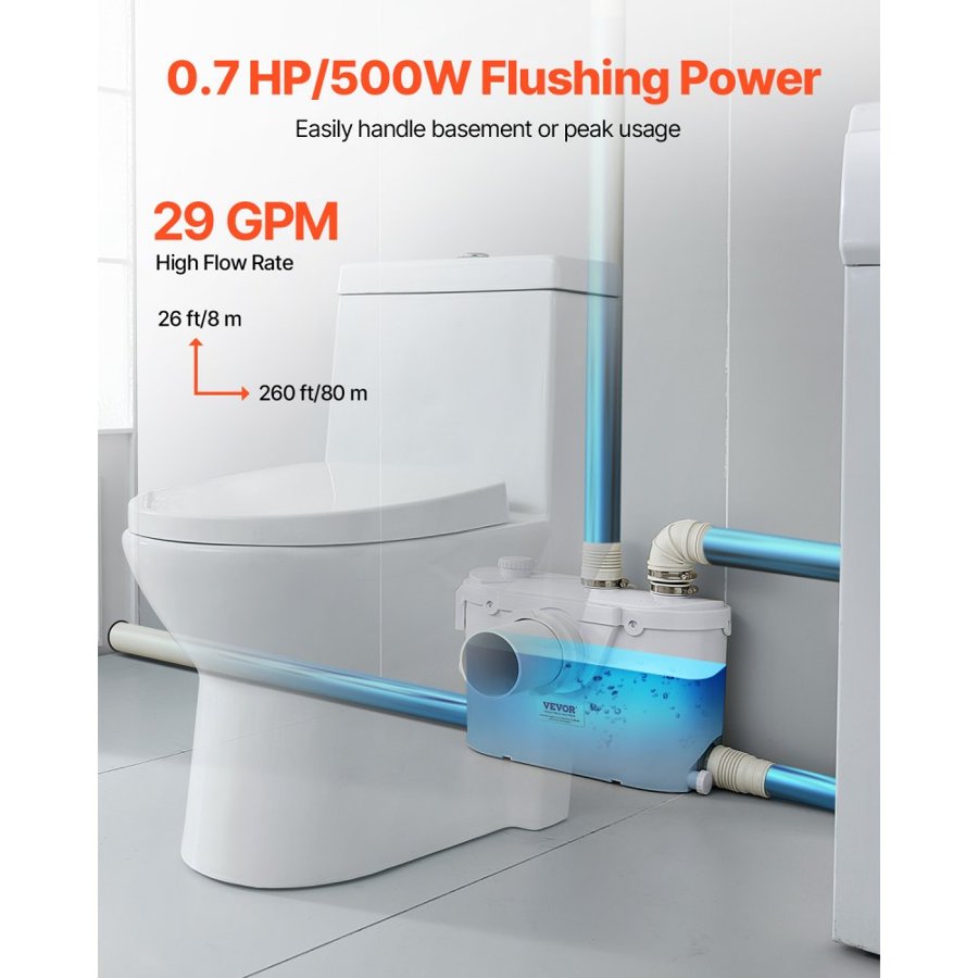 VEVOR Macerator Pump for Toilet – 500W, 4 Inlets, 29 GPM