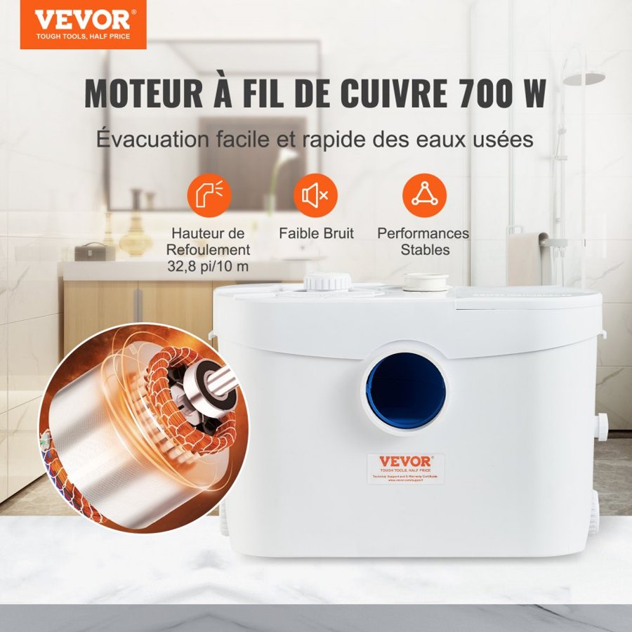 VEVOR Upflush Toilet Pump – 700W, 32.8 ft Head, Dual Outlet