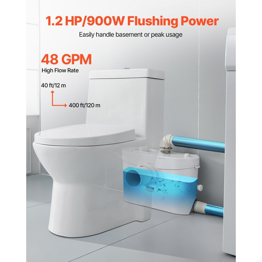 VEVOR Basement Toilet Pump – 900W, 40 ft Head, 48 GPM