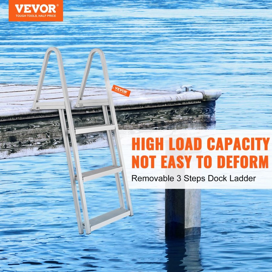 VEVOR Dock Ladder, Removable 3 Steps, 350 lbs Load Capacity, Aluminum Alloy Pontoon Boat Ladder with 4'' Wide Step & Anti-Slip Design Pedal, Easy to Install for Ship/Lake/Pool/Marine Boarding