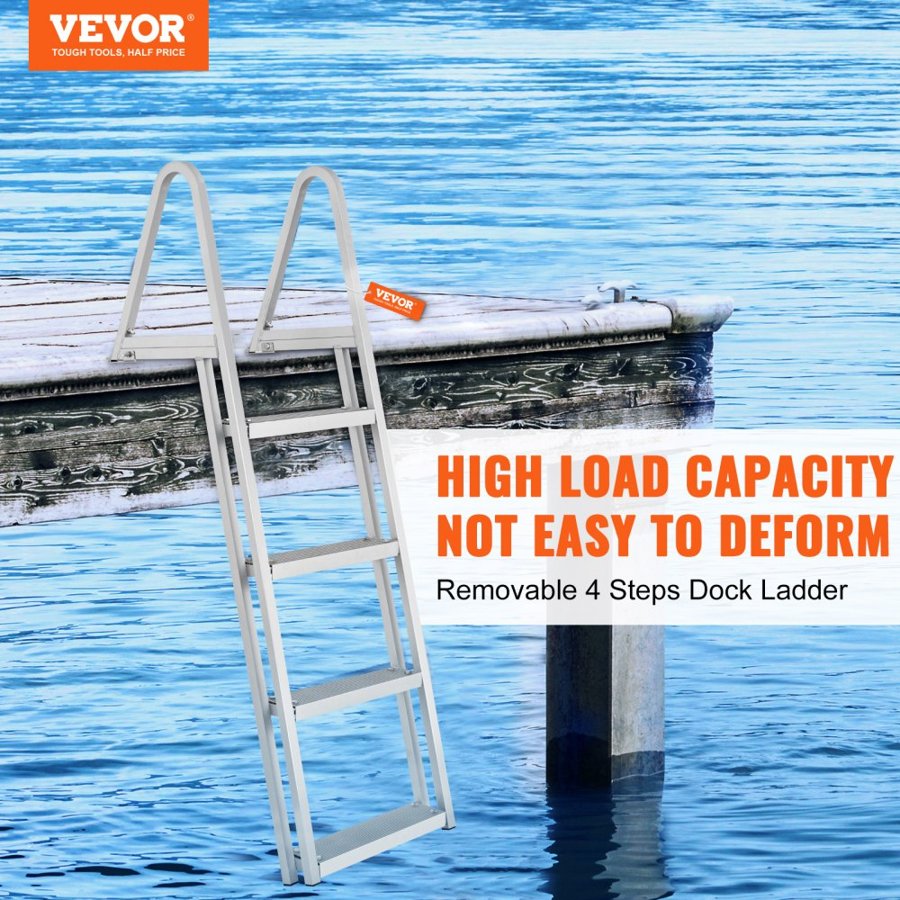 VEVOR Dock Ladder, Removable 4 Steps, 350 lbs Load Capacity, Aluminum Alloy Pontoon Boat Ladder with 4'' Wide Step & Anti-Slip Design Pedal, Easy to Install for Ship/Lake/Pool/Marine Boarding