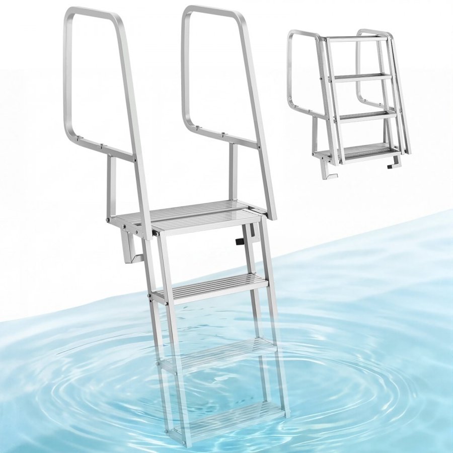 VEVOR Flip-Up Dock Ladder, 4-Step, Heavy-Duty Aluminum Alloy Pontoon Boat Swim Ladder, with Non-Slip Wide Steps, 159 kg Weight Capacity, Pull Rope Assist, Comfort Use for Lake Pool Marine Boarding