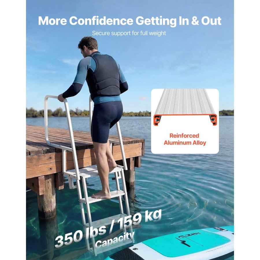 VEVOR Flip-Up Dock Ladder, 4-Step, Heavy-Duty Aluminum Alloy Pontoon Boat Swim Ladder, with Non-Slip Wide Steps, 159 kg Weight Capacity, Pull Rope Assist, Comfort Use for Lake Pool Marine Boarding