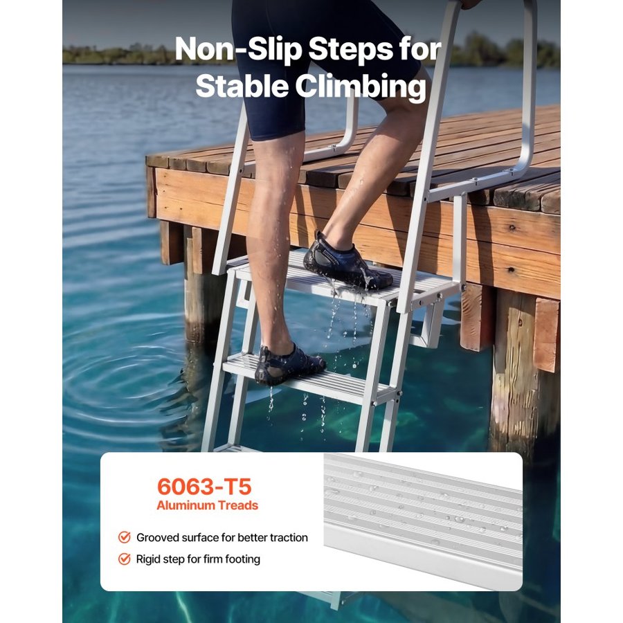 VEVOR Flip-Up Dock Ladder, 4-Step, Heavy-Duty Aluminum Alloy Pontoon Boat Swim Ladder, with Non-Slip Wide Steps, 159 kg Weight Capacity, Pull Rope Assist, Comfort Use for Lake Pool Marine Boarding