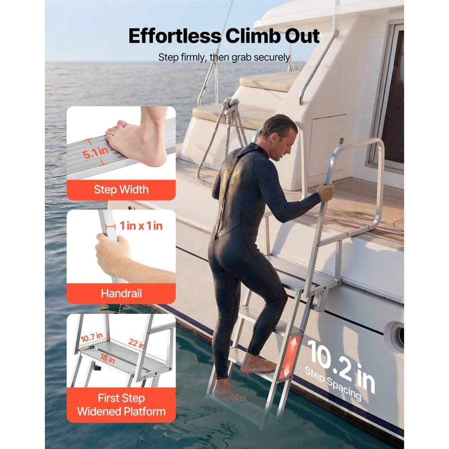 VEVOR Flip-Up Dock Ladder, 4-Step, Heavy-Duty Aluminum Alloy Pontoon Boat Swim Ladder, with Non-Slip Wide Steps, 159 kg Weight Capacity, Pull Rope Assist, Comfort Use for Lake Pool Marine Boarding