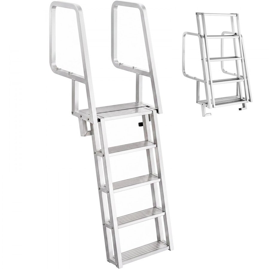 VEVOR Flip-Up Dock Ladder, 5-Step, Heavy-Duty Aluminum Alloy Pontoon Boat Swim Ladder, with Non-Slip Wide Steps, 159 kg Weight Capacity, Pull Rope Assist, Comfort Use for Lake Pool Marine Boarding