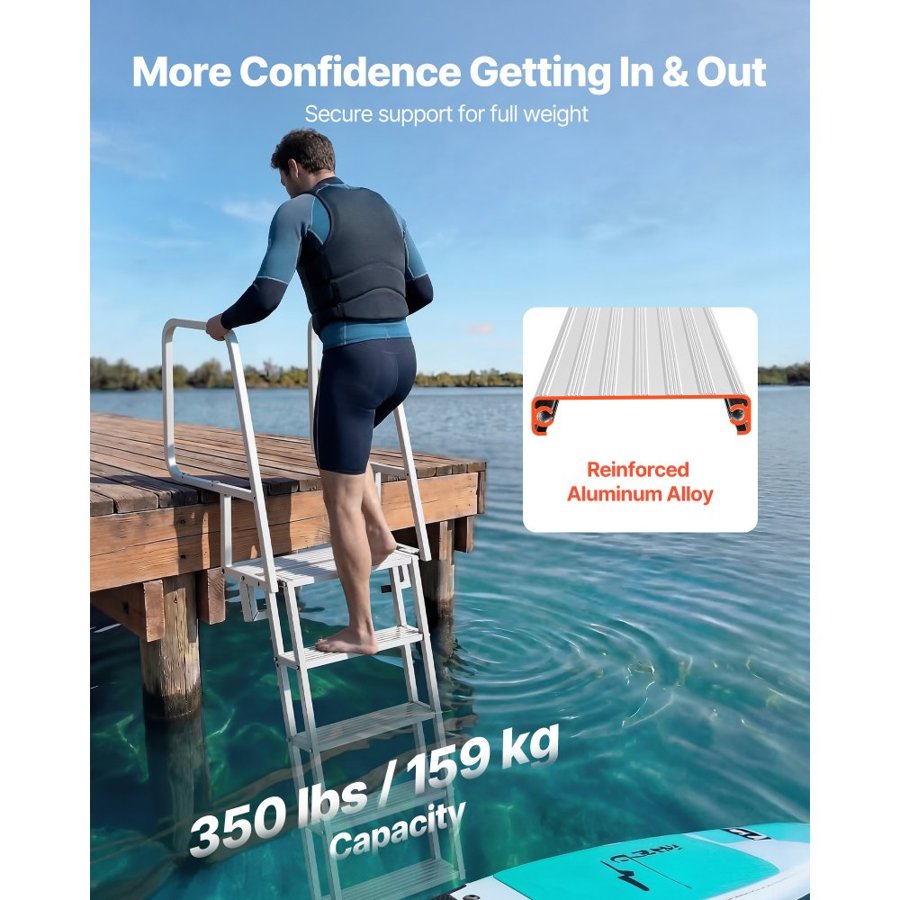 VEVOR Flip-Up Dock Ladder, 5-Step, Heavy-Duty Aluminum Alloy Pontoon Boat Swim Ladder, with Non-Slip Wide Steps, 159 kg Weight Capacity, Pull Rope Assist, Comfort Use for Lake Pool Marine Boarding