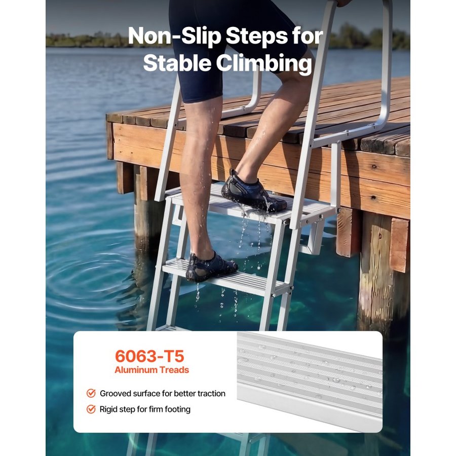 VEVOR Flip-Up Dock Ladder, 5-Step, Heavy-Duty Aluminum Alloy Pontoon Boat Swim Ladder, with Non-Slip Wide Steps, 159 kg Weight Capacity, Pull Rope Assist, Comfort Use for Lake Pool Marine Boarding