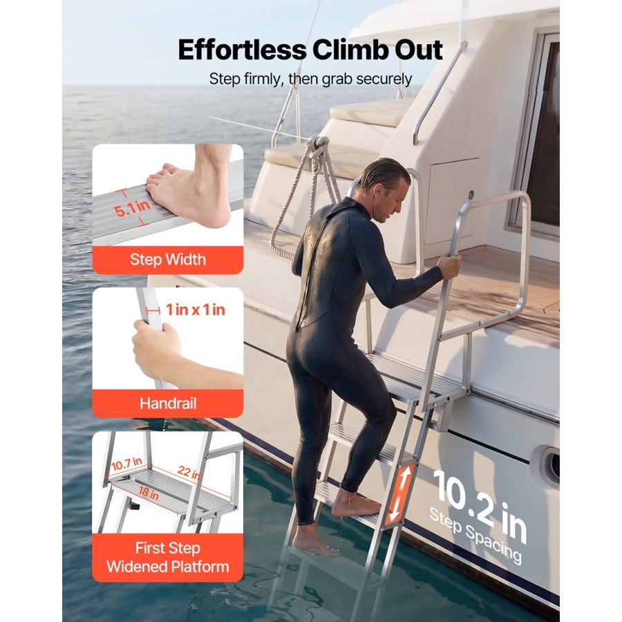 VEVOR Flip-Up Dock Ladder, 5-Step, Heavy-Duty Aluminum Alloy Pontoon Boat Swim Ladder, with Non-Slip Wide Steps, 159 kg Weight Capacity, Pull Rope Assist, Comfort Use for Lake Pool Marine Boarding