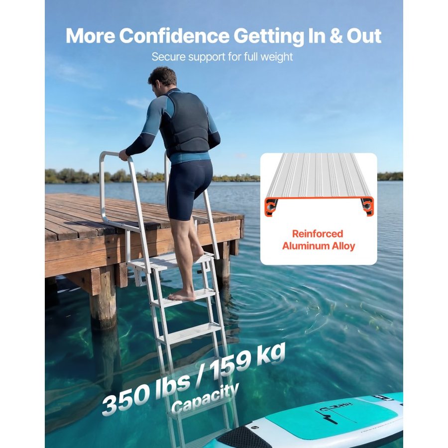 VEVOR Flip-Up Dock Ladder, 6-Step, Heavy-Duty Aluminum Alloy Pontoon Boat Swim Ladder, with Non-Slip Wide Steps, 159 kg Weight Capacity, Pull Rope Assist, Comfort Use for Lake Pool Marine Boarding