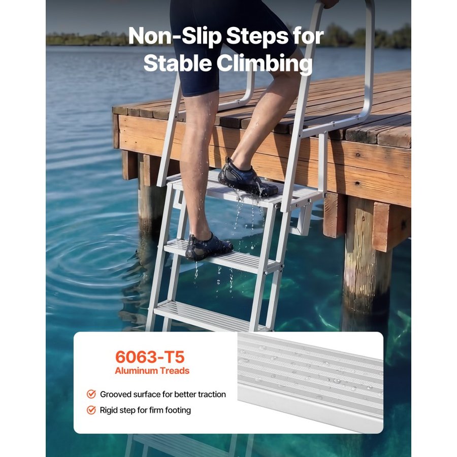 VEVOR Flip-Up Dock Ladder, 6-Step, Heavy-Duty Aluminum Alloy Pontoon Boat Swim Ladder, with Non-Slip Wide Steps, 159 kg Weight Capacity, Pull Rope Assist, Comfort Use for Lake Pool Marine Boarding