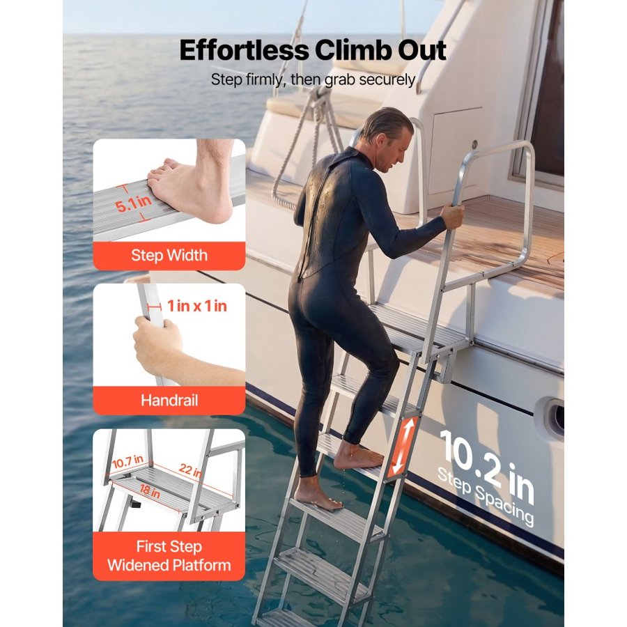 VEVOR Flip-Up Dock Ladder, 6-Step, Heavy-Duty Aluminum Alloy Pontoon Boat Swim Ladder, with Non-Slip Wide Steps, 159 kg Weight Capacity, Pull Rope Assist, Comfort Use for Lake Pool Marine Boarding