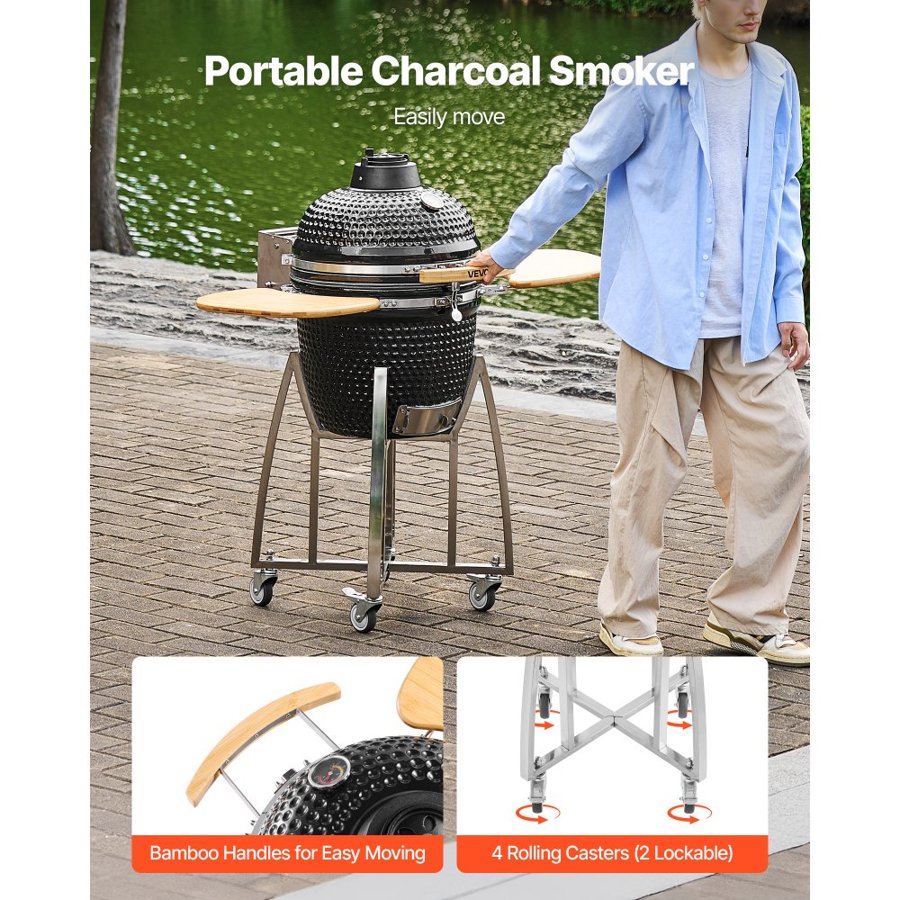 VEVOR Charcoal BBQ Smoker Grill – 18" Ceramic, 4 Wheels
