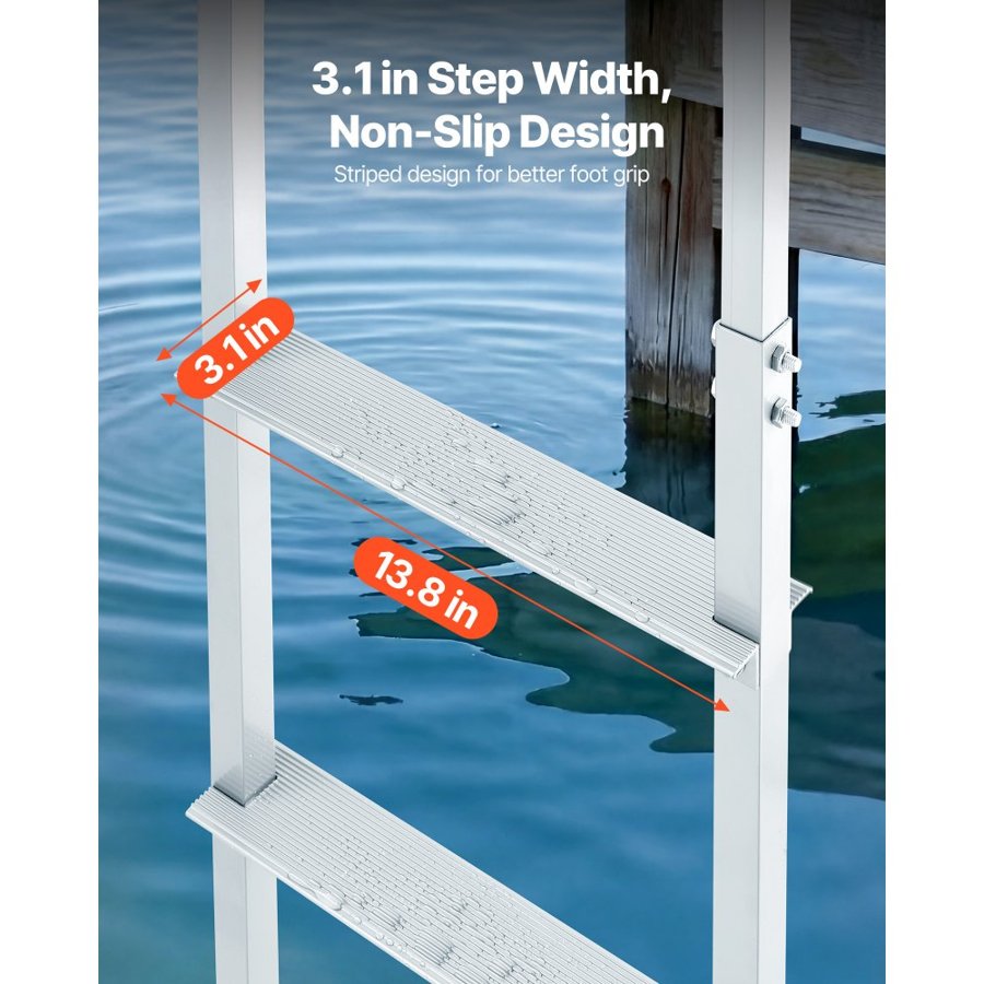VEVOR Dock Ladder, Removable 3 Steps, 500 lbs Load Capacity, Aluminum Alloy Pontoon Boat Ladder with 3.1'' Wide Step & Anti-Slip Design Pedal, Easy to Install for Ship/Lake/Pool/Marine Boarding