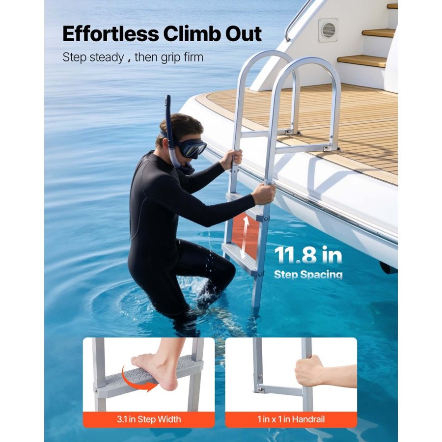 VEVOR Removable Dock Ladder, 3 Steps, Aluminum Alloy Pontoon Boat Swim Ladder, with Non-Slip Wide PP Steps, 227 kg Weight Capacity, Quick Release Design, for Lake Swimming, Pool, Marine Boarding