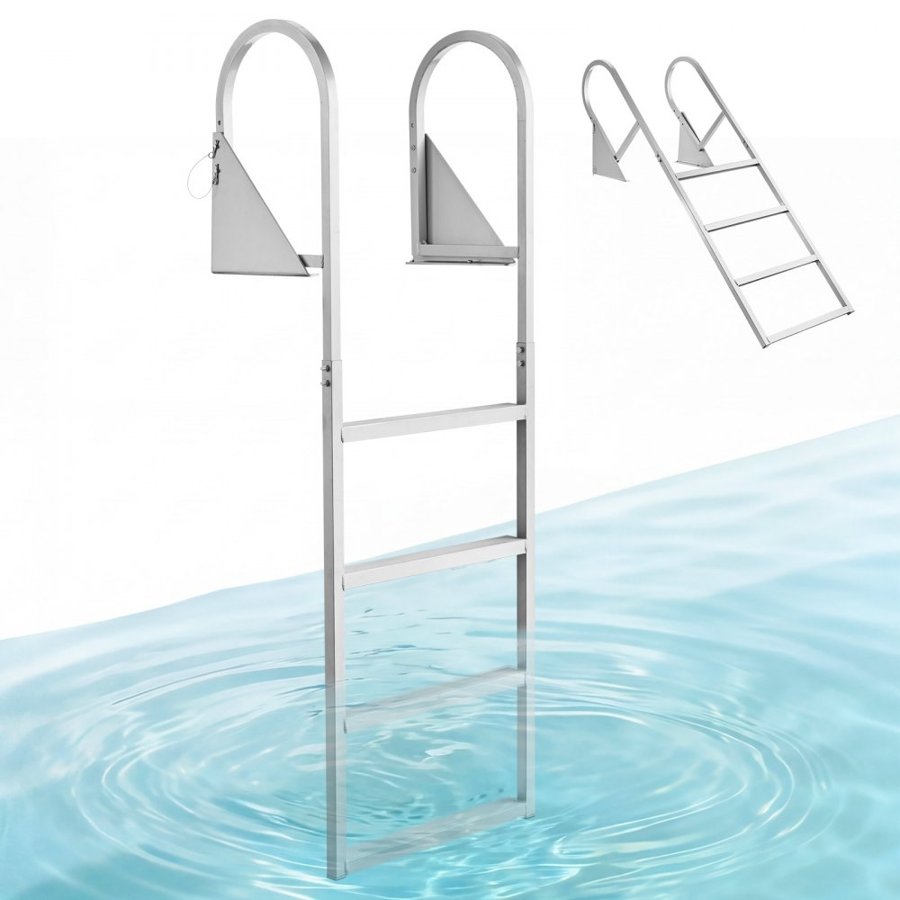 VEVOR Flip-Up Dock Ladder, 4-Step, Heavy-Duty Aluminum Alloy Pontoon Boat Swim Ladder, with Non-Slip Wide Steps, 159 kg Weight Capacity, Pull Rope Assist, for Lake Swimming, Pool, Marine Boarding