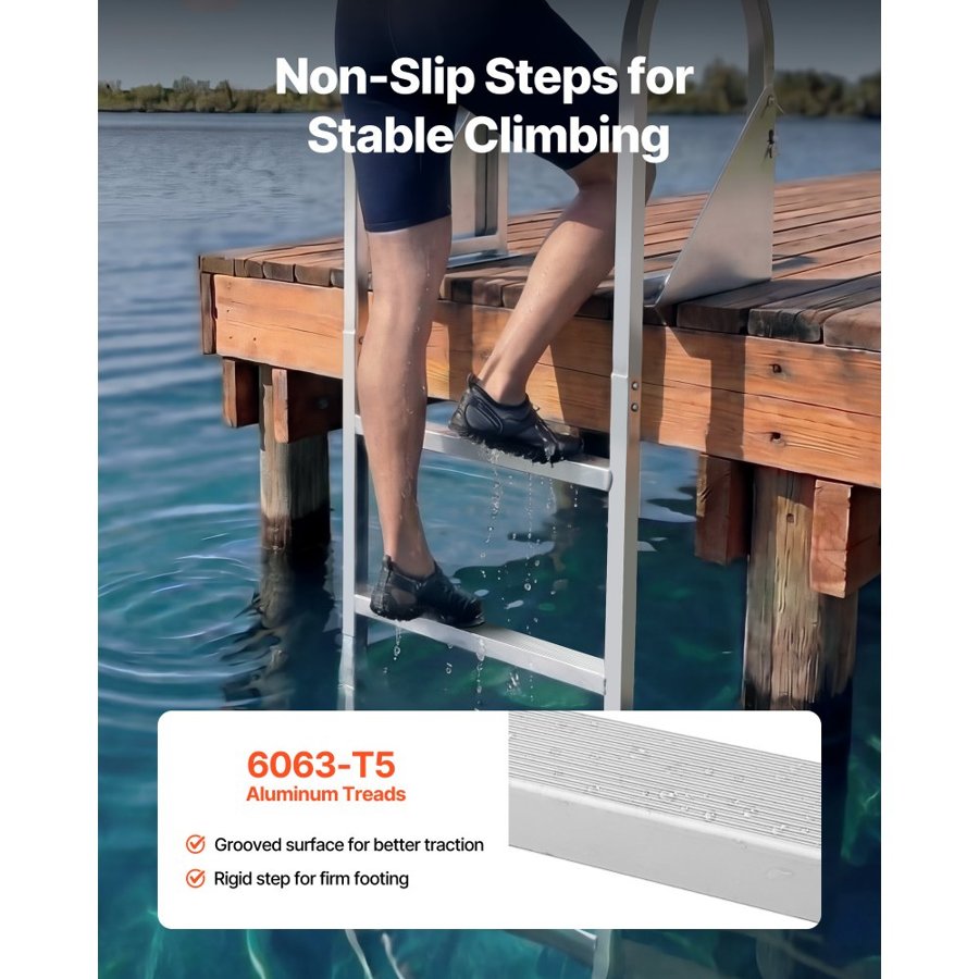 VEVOR Flip-Up Dock Ladder, 4-Step, Heavy-Duty Aluminum Alloy Pontoon Boat Swim Ladder, with Non-Slip Wide Steps, 159 kg Weight Capacity, Pull Rope Assist, for Lake Swimming, Pool, Marine Boarding