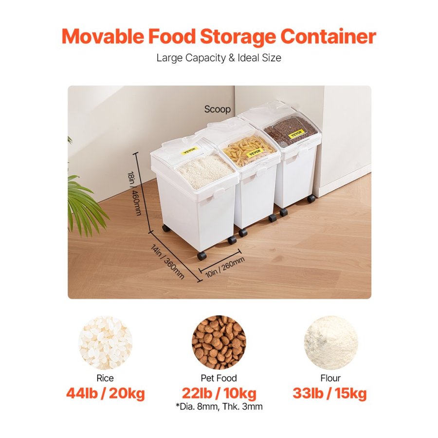 VEVOR Ingredient Bin, 20.8 L Capacity Ingredient Storage Bin, PP Material Flour Bins On Wheels, White Shelf Ingredient Bin with Scoop and Sliding Lid, Commercial Storage Bins, 3 Pcs/Set