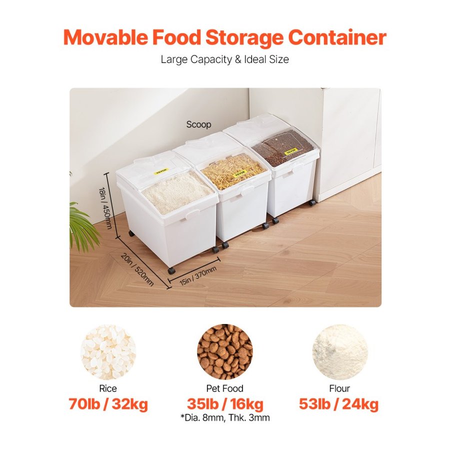 VEVOR Ingredient Bin, 33.3 L Capacity Ingredient Storage Bin, PP Material Flour Bins On Wheels, White Shelf Ingredient Bin with Scoop and Sliding Lid, Commercial Storage Bins, 3 Pcs/Set