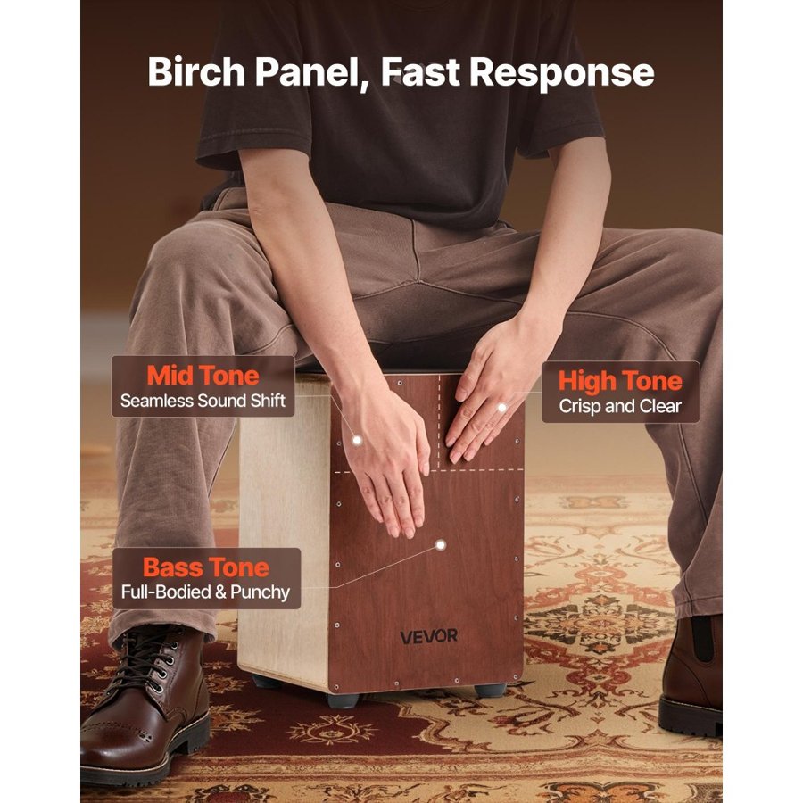 VEVOR Cajon Box Drum, with Internal Snare Wires, Compact and Lightweight Wooden Percussion Box, Birch Wood Drum Musical Instrument with Silicone Feet, for Beginners &Professionals, 255 x 255 x 380 mm
