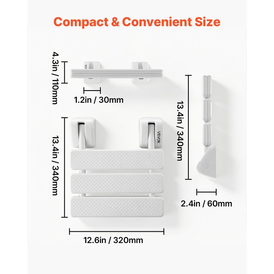 VEVOR Foldable Wall Mounted Shower Seat – 317mm, 100kg Load