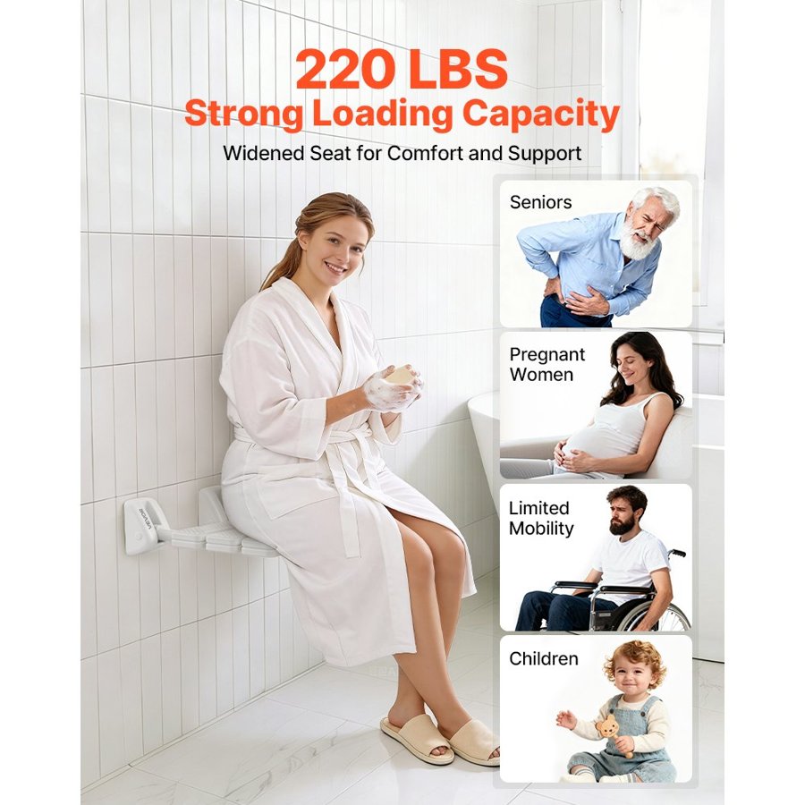 VEVOR Foldable Wall Mounted Shower Seat – 317mm, 100kg Load