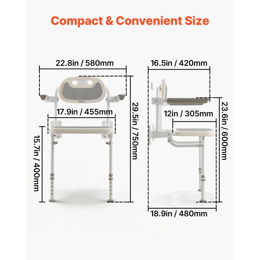 VEVOR Foldable Shower Chair Wall Mounted, 457mm Folding Shower Seat with Backrest, Armrest & Adjustable Legs, HDPE Fold-Down Bathroom Chair Stainless Steel Frame for Adults Seniors, 150kg Loading