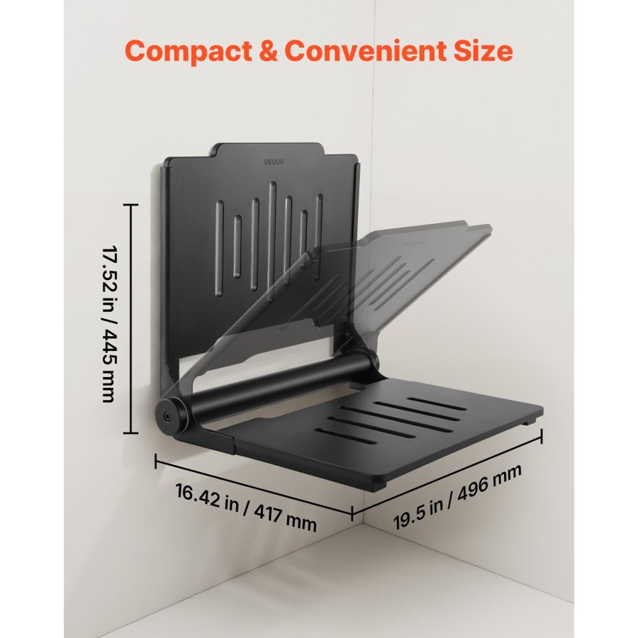 VEVOR Wall Mounted Folding Shower Seat – 452mm, 180kg, Black