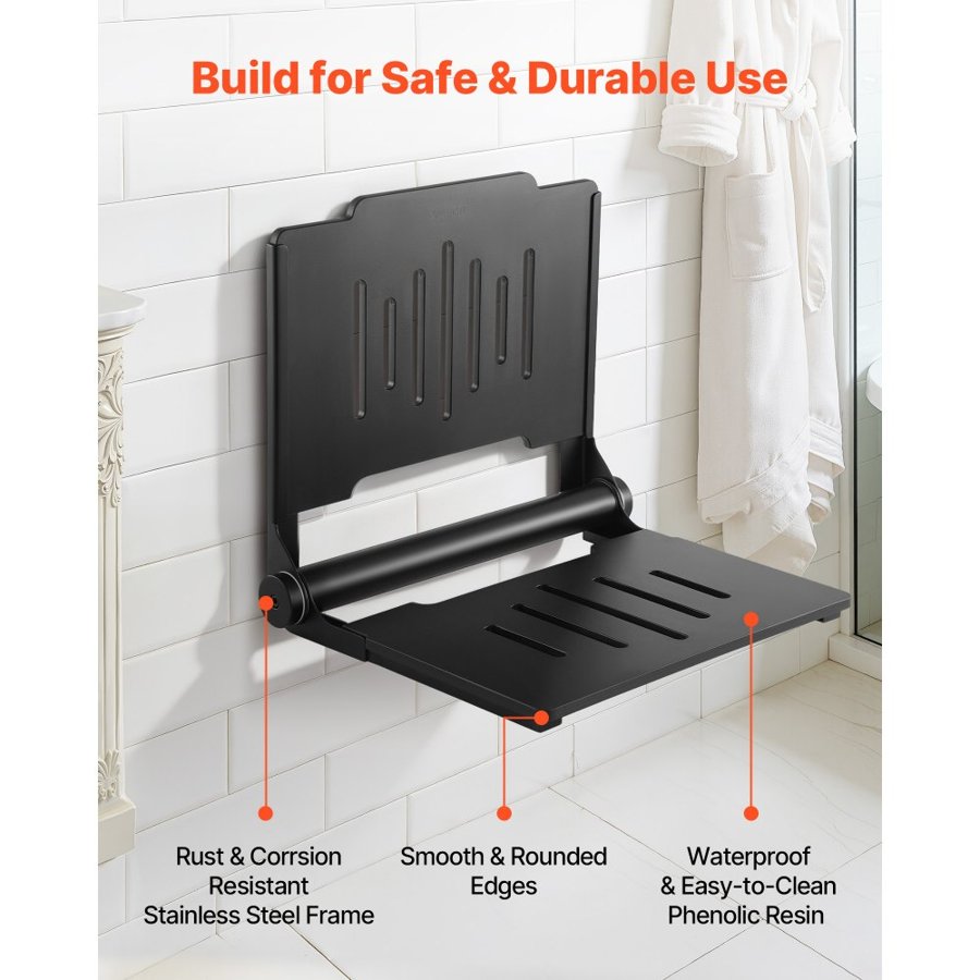 VEVOR Wall Mounted Folding Shower Seat – 452mm, 180kg, Black