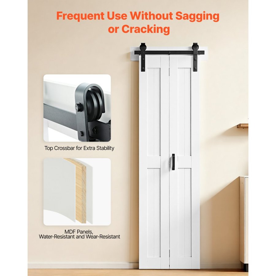 VEVOR Bifold Barn Door, 609 x 2134 mm, MDF Bi-Fold Sliding Closet Doors, Hardware Kit Included, H-Frame Space-Saving Design, Need to Assemble, for Bedroom, Living Room, Wardrobe, Room Divider, White