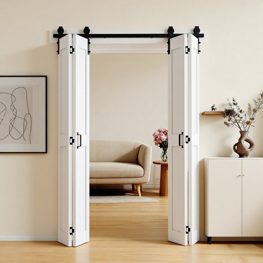 VEVOR Bifold Barn Door, 1524 x 2134 mm, MDF Bi-Fold Sliding Closet Doors, Hardware Kit Included, H-Frame Space-Saving Design, Pre-Assembled Panels for Bedroom, Living Room, and Room Divider, White
