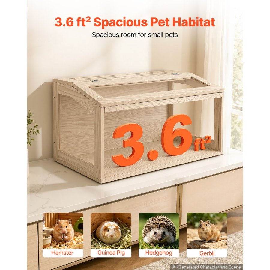 VEVOR Wooden Hamster Cage 810 x 410 x 410 mm 270° Viewing Hamster Habitat, Chewproof Acrylic Small Animal Cage with Openable Top, Large Pet Enclosure for Syrian/Dwarf Hamsters, Guinea Pigs & Gerbils
