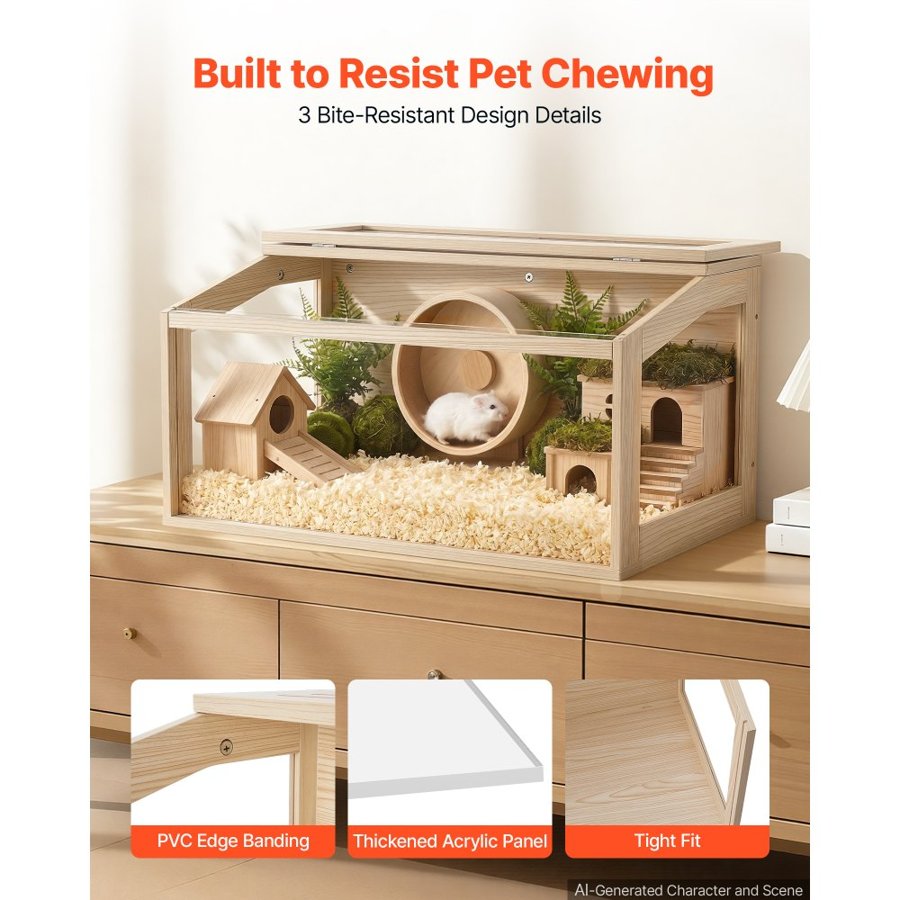 VEVOR Wooden Hamster Cage 810 x 410 x 410 mm 270° Viewing Hamster Habitat, Chewproof Acrylic Small Animal Cage with Openable Top, Large Pet Enclosure for Syrian/Dwarf Hamsters, Guinea Pigs & Gerbils