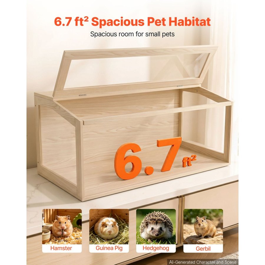 VEVOR Wooden Hamster Cage 1220 x 510 x 510 mm 270° Viewing Hamster Habitat, Chewproof Acrylic Small Animal Cage with Openable Top, Large Pet Enclosure for Syrian/Dwarf Hamsters, Guinea Pigs & Gerbils