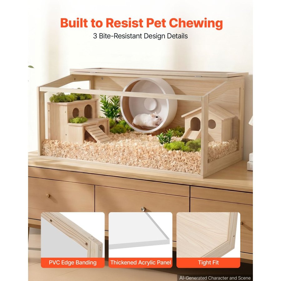 VEVOR Wooden Hamster Cage 1220 x 510 x 510 mm 270° Viewing Hamster Habitat, Chewproof Acrylic Small Animal Cage with Openable Top, Large Pet Enclosure for Syrian/Dwarf Hamsters, Guinea Pigs & Gerbils