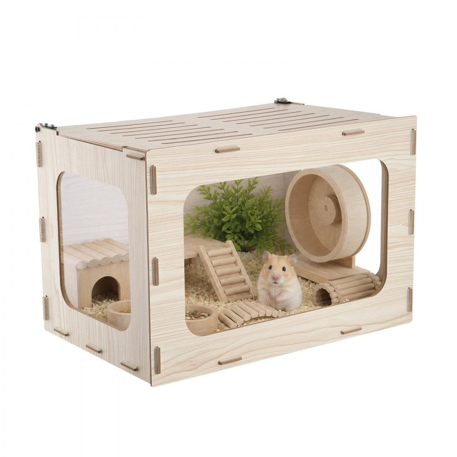 VEVOR Wooden Hamster Cage 605 x 405 x 405 mm 270° Viewing Hamster Habitat, Chewproof Small Animal Cage with Openable Top, Large Pet House Wood Enclosure for Syrian/Dwarf Hamsters, Guinea Pigs, Gerbils