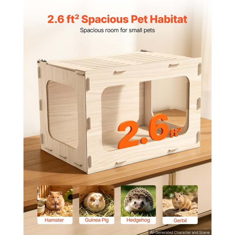 VEVOR Wooden Hamster Cage 605 x 405 x 405 mm 270° Viewing Hamster Habitat, Chewproof Small Animal Cage with Openable Top, Large Pet House Wood Enclosure for Syrian/Dwarf Hamsters, Guinea Pigs, Gerbils