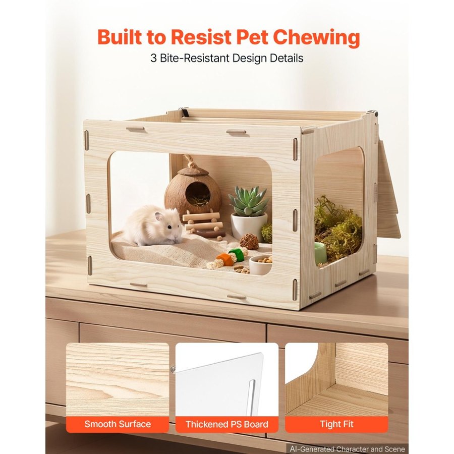 VEVOR Wooden Hamster Cage 605 x 405 x 405 mm 270° Viewing Hamster Habitat, Chewproof Small Animal Cage with Openable Top, Large Pet House Wood Enclosure for Syrian/Dwarf Hamsters, Guinea Pigs, Gerbils
