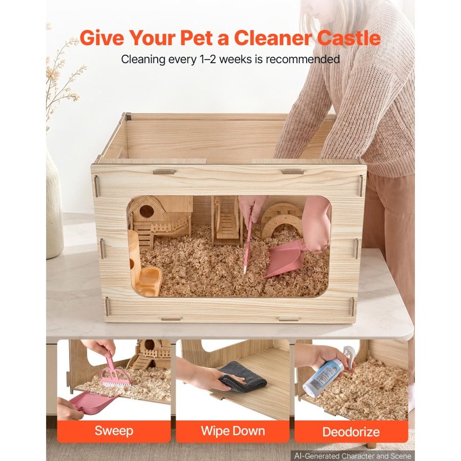 VEVOR Wooden Hamster Cage 605 x 405 x 405 mm 270° Viewing Hamster Habitat, Chewproof Small Animal Cage with Openable Top, Large Pet House Wood Enclosure for Syrian/Dwarf Hamsters, Guinea Pigs, Gerbils