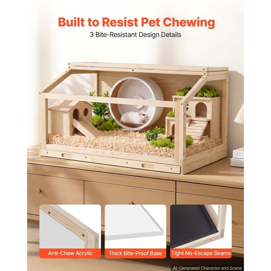 VEVOR Wooden Hamster Cage 1000 x 520 x 505 mm 270° Viewing Hamster Habitat, Chewproof Acrylic Small Animal Cage with Openable Top, Large Pet Enclosure for Syrian/Dwarf Hamsters, Guinea Pigs & Gerbils