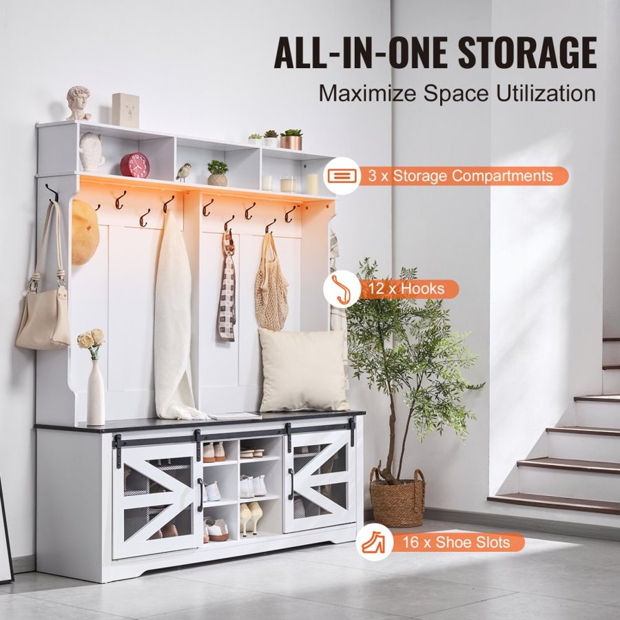 VEVOR Entryway Bench with Hangers - 16 Shoe Slots, 12 Hooks