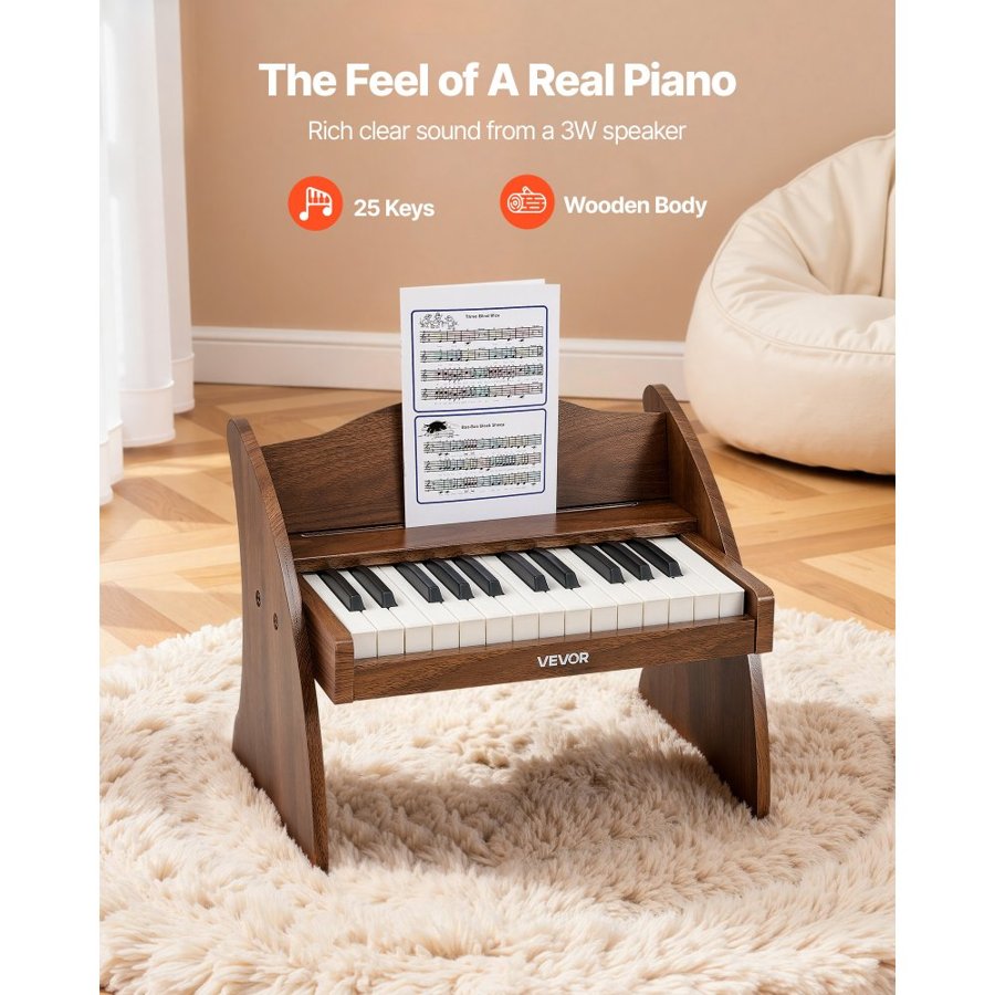 VEVOR Wooden Toy Piano – 25 Keys, Walnut, Dual Power, Kids